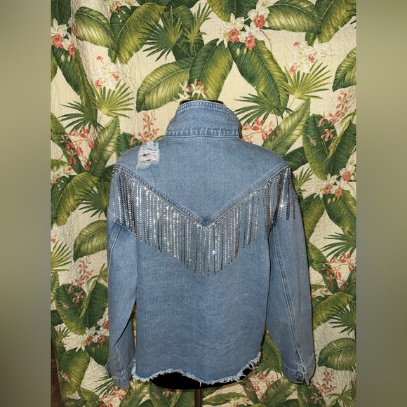 First Love Jackets & Blazers - FIRST LOVE Soft Stretch Distressed Blue Jean Jacket Silver Sparkle Bling Fringe